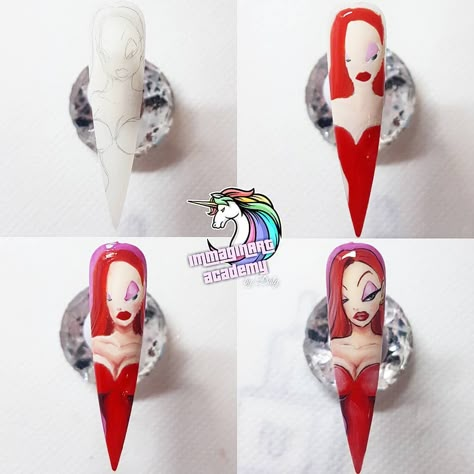 Jessica Rabbit Nails Art, Drawing On Nails Step By Step, Jessica Rabbit Acrylic Nails, Cinzia Nails, Cartoon Nails Disney, Jessica Rabbit Nails, Character Nail Art Step By Step, Jessica Rabbit Roger Rabbit, Rabbit Nail Art