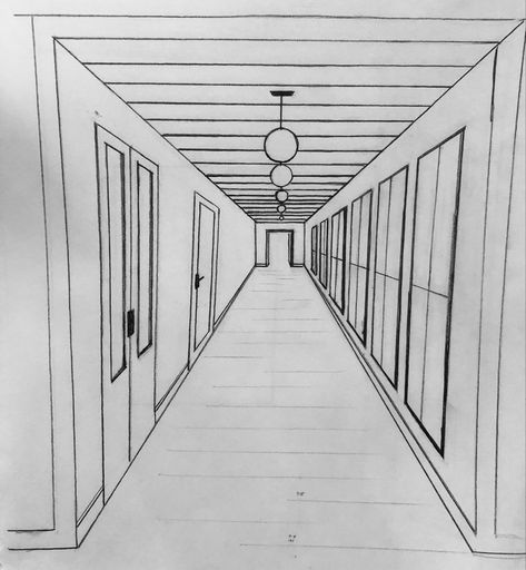 Long hallway with windows, windows, tall windows, pendant lighting, hallway goals, @hinkleylighting @theFLOORZZ sierra pacific windows, @emtek_products Drawing Room Design, Optical Illusion Drawing, Window Drawing, Perspective Drawing Architecture, Interior Architecture Drawing, One Point Perspective, Hall Interior Design, Architecture Design Sketch, Hall Interior