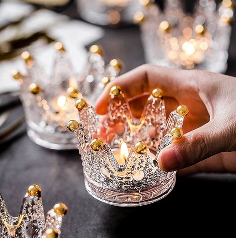 Amazon.com: Vixdonos Votive Candle Holders Set of 6 Crown Glass Tealight Candle Holder for Wedding, Party and Home Decor (Gold Tips) : Home & Kitchen Crown Candle Holder, Nordic Style Home, Glass Tealight Candle Holders, Candle Types, Verre Design, Aroma Candle, Tealight Candle Holder, Gold Tips, Candle Cup