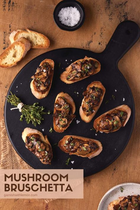 This Mushroom Bruschetta recipe is packed with flavor from meaty mushrooms, tangy balsamic vinegar, savory shallots and fragrant fresh thyme for a vegetarian appetizer that even meat eaters love. Perfect finger food for a crowd that can be ready in just 30 minutes. Finger Food For A Crowd, Mushroom Bruschetta Recipe, Meaty Mushrooms, Mushroom Bruschetta, Vegetarian Appetizer, Mushroom Appetizers, Bruschetta Toppings, Make Ahead Appetizers, Hot Appetizers