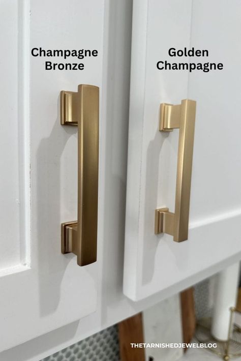 Need help choosing gold hardware, but don't know where to start? Try 6 Tips: Adding Gold Hardware To Kitchen Cabinets by thetarnishedjewelblog.com. #goldhardware #goldhardware #hardwaregold #HardwareMakeover #hardwaremakeover #goldknobs #goldhandles #goldpulls #CHAMPAGNEBRONZE #brasshardware #champagnebronze #champagnebronzehardware #bronzehardware #brushedbrasshardware Kitchen With Gold Accents Hardware, Kitchen With Champagne Bronze Hardware, Champagne Fixtures Kitchen, Kitchen Hardware Cream Cabinets, Brushed Brass Kitchen Hardware White Cabinets, White Cabinets With Champagne Hardware, White Cabinets Champagne Hardware, Cabinet Hardware To Match Delta Champagne Bronze, Kitchen Cabinet Gold Hardware