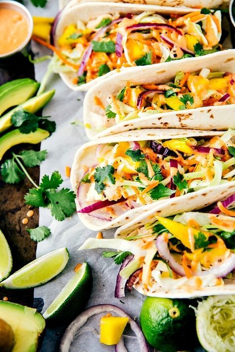 Asian Chicken Tacos, Mango Ideas, Mango Slaw Recipes, Asian Tacos, Taco Tuesday Recipes, Mango Slaw, Recipe Lunch, Chelsea's Messy Apron, Shredded Chicken Tacos