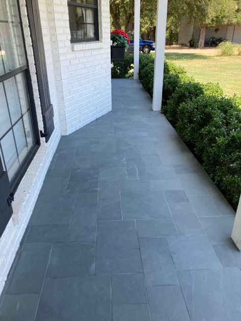 Montauk Blue Slate Tile, Front Porch Slate Tile, Slate Over Concrete Porch, Slate Tile Front Porch, Slate Porch Floor, Outdoor Slate Tile, Tiled Back Porch, Front Door Tiles Entrance Outside, Blue Slate Patio