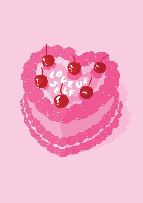 Power Illustration, Cake Art Print, Retro Cherry, Room Drawing, Y2k Girl, Valentines Wallpaper, Preppy Wallpaper, Heart Cake, Picture Collage