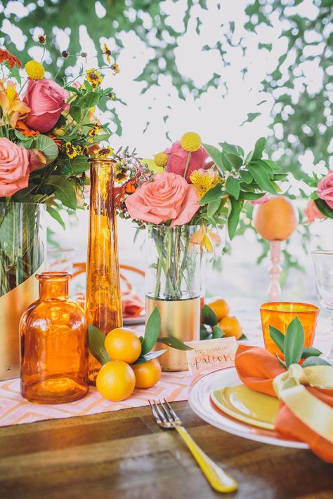 Colourful Party Decor, Citrus Party Decor, Main Squeeze Bridal Shower Orange, Citrus Table Decor, Citrus Bridal Shower Theme, Citrus Decor, Orange Wedding Decorations, Citrus Theme, Citrus Baby