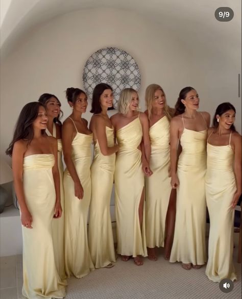 Satin Bridesmaid Dresses Long, Light Yellow Weddings, Corset Prom Dress, Bridesmaid Dresses Long, Yellow Bridesmaid Dresses, Yellow Bridesmaids, Corset Dress Prom, Dream Wedding Ideas Dresses, Future Wedding Plans