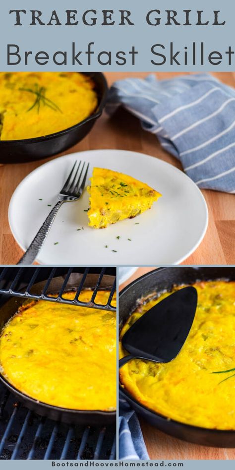 Reimagine breakfast with this delicious Traeger grilled frittata. This is a perfect summer time egg recipe with smoked flavor, sausage, potatoes, and a whole lot of creamy melted cheese. #traeger #breakfast #recipe Traeger Breakfast, Pike Recipes, Bbq Breakfast, Traeger Smoker Recipes, Wood Pellet Grill Recipes, Smoked Eggs, Chicken Recipe For Dinner, Traeger Cooking, Grill Breakfast