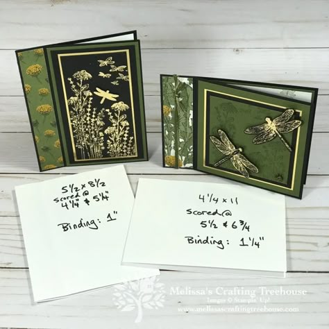 Book Binding Fun Fold Cards - Melissa's Crafting Treehouse Bifold Cards Handmade, Book Fold Cards, Book Fold Card, Dragonfly Stamp, Cards For Scrapbook, How To Make Cards, Dragonfly Cards, Dragonfly Garden, Fancy Fold Card Tutorials