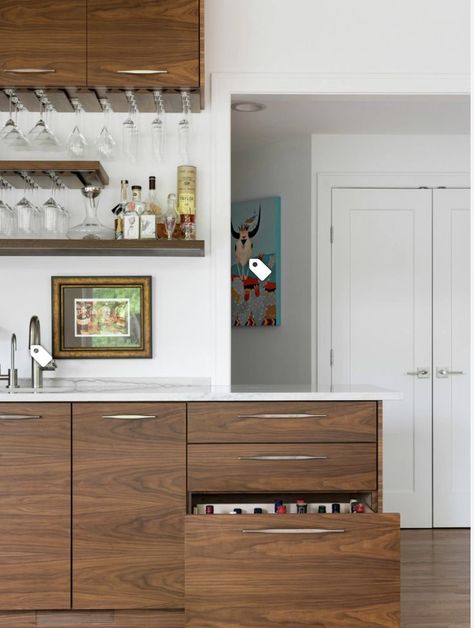 Liquor Drawer, Walnut Cabinets Kitchen, Mid Century Modern Kitchen Cabinets, Slab Kitchen Cabinets, Modern Walnut Kitchen, Kitchen Cabinet Color Schemes, Slab Cabinets, Walnut Kitchen Cabinets, Mcm Kitchen