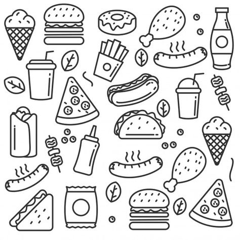 Burger Vector, Food Doodle, Pizza Vector, Chicken Vector, Donut Vector, Zestaw Ikon, Food Doodles, Doodle Background, Doodle Vector