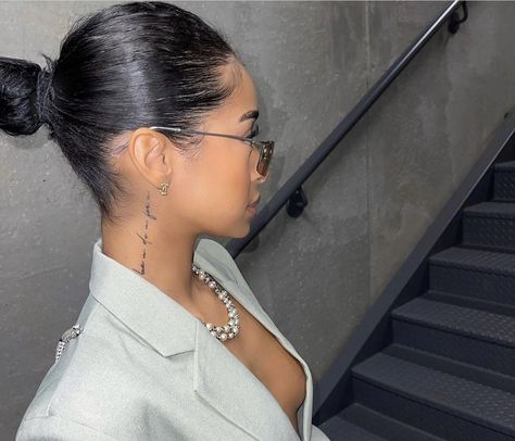 Tatto On Neck For Girl, By The Ear Tattoo, Side Neck Tattoos Women Ideas Words, Cursive Name Tattoo On Neck, Neck Tattoo Cursive, Neck Word Tattoos Women, Side Of The Neck Tattoos Women, Tatoos Woman Neck, Neck Tattoo Quote