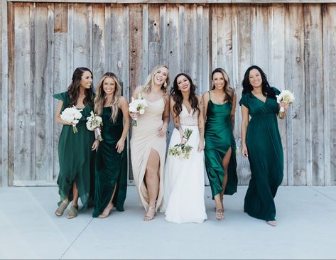 Green And Gold Wedding Party, Bridesmaid Dresses Cream, Forest Green Bridesmaid, Gold Wedding Party, Pearl Crop Top, Forest Green Bridesmaid Dresses, Green And Gold Wedding, Bridal Crop Top, Crop Top Wedding Dress