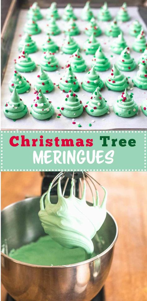 Christmas Tree Meringues are festive, fun and make a light airy addition to a cookie plate this time of year. Naturally dairy-free and gluten-free. - Christmas Tree Meringues Tree Meringue, Christmas Meringue, Meringue Recipe, Christmas Baking Recipes, Cookie Plate, Christmas Candy Recipes, Candy Recipes Homemade, Meringue Cookies, Christmas Food Desserts