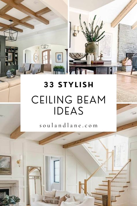 Embrace the industrial trend with metal beams that contrast beautifully against soft furnishings and decor, or create a Scandinavian minimalist vibe with whitewashed beams that brighten and open up the space. For homes with a traditional flair, dark stained wooden beams can add a stately feel to libraries, home offices, or master bedrooms. In open-plan spaces, use beams to subtly define different areas without sacrificing the flow of natural light. Black Beams Bedroom, Beams On High Flat Ceiling, Stained Wood Beams Living Room, Beams With Shiplap Ceiling, Ceiling Beams In Open Floor Plan, Cabin Beams Ceilings, Beams In Tray Ceiling Master Bedrooms, Beamed Ceiling Ideas, Beams In Master Bed