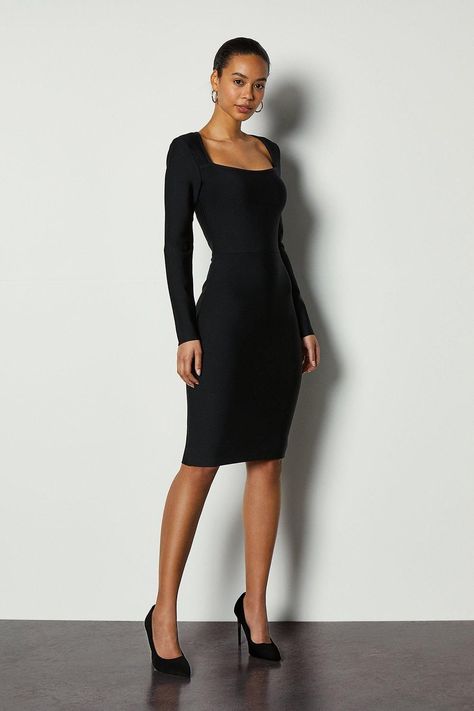 Wedding Guest Outfit Classy, February Wedding Guest Outfit, Bodycon Dress Winter, Square Neck Midi Dress, February Wedding, Winter Dress Outfits, Neck Bodycon Dress, Karen Millen, Black Dresses