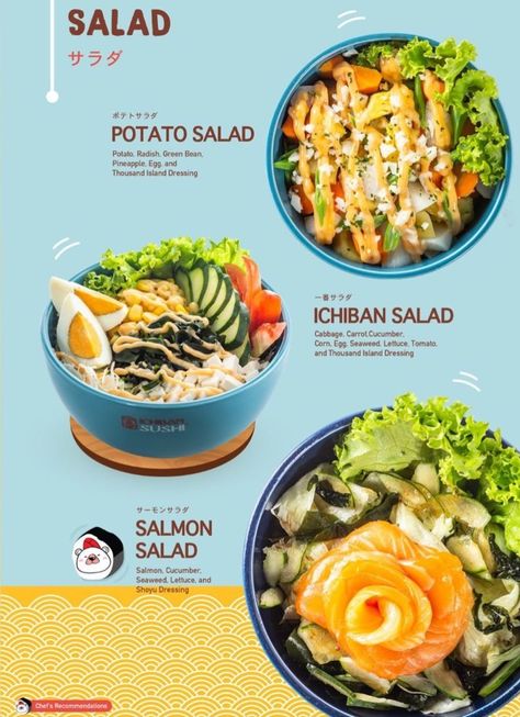 Korean Food Poster Design Layout, Japanese Food Instagram Feed, Salad Menu Design Ideas, Tapas Menu Design, Sims 4 Chef Outfit, Salad Menu Design, Menu Design Layout, Salad Menu, Menu Design Inspiration