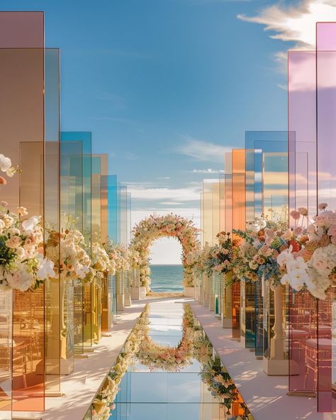 What do you think of our new concept? 3D architecture and concept by @amoretti_weddingplanneritaly Beach Theme Stage Design, Varmala Stage, Wedding Tunnels, Bridal Backdrop, Wedding Ceremony Setup, Luxe Wedding Decor, Bridal Backdrops, Arabic Wedding, Wedding Stage Decor