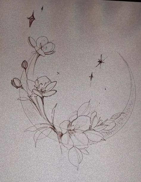 Lunar Flower Tattoo, Moon Orchid Tattoo, Moon And Daffodil Tattoo, Fine Line Floral Moon Tattoo, Peony Vine Tattoo, Water Lily Moon Tattoo, Celestial Flower Tattoo, Moon Tattoo Upper Arm, Orchid Moon Tattoo