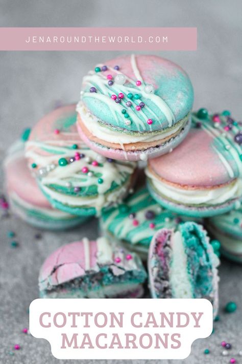 We love making french macarons to share with you! Our latest flavor, Cotton Candy Macarons, are so pretty and just as delicious as they look! Blue and pink swirled together for the cookie portion and filled with an amazing cotton candy buttercream frosting. Cotton Candy Macarons Recipe, Cotton Candy Buttercream Frosting, Cotton Candy Buttercream, Cotton Candy Frosting Recipe, Cotton Candy Macarons, Blue Macarons Recipe, Easter Macarons, Macaron Shop, French Macaroon Recipes