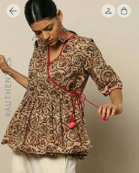 Short Kurti From Saree Ideas, Short Kurti Frock Style, Angarkha Short Kurti, Stiched Tops Design, Angrakha Short Kurti, Kalamkari Short Tops For Jeans, Short Frock Kurti With Jeans, Kalamkari Tops For Jeans, Ethnic Shirts Women