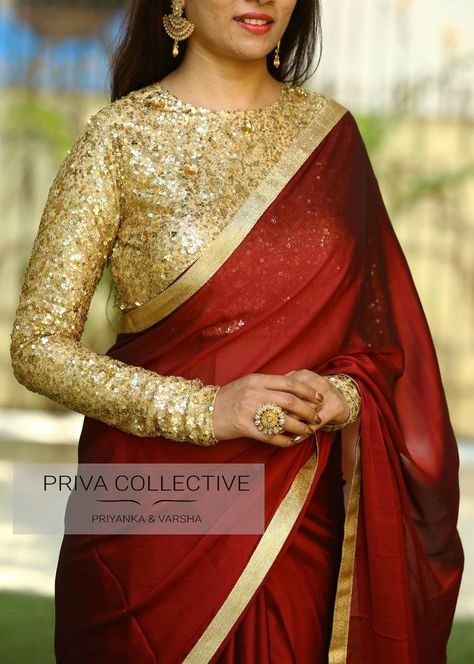 The blouse in a different style Full Sleeve Saree, Golden Sequin Blouse, Golden Blouse Design, Blouse Full Sleeves, Golden Blouse Designs, Gold Blouse Designs, Golden Blouse, Blouse Design Ideas, Sari Blouse Designs