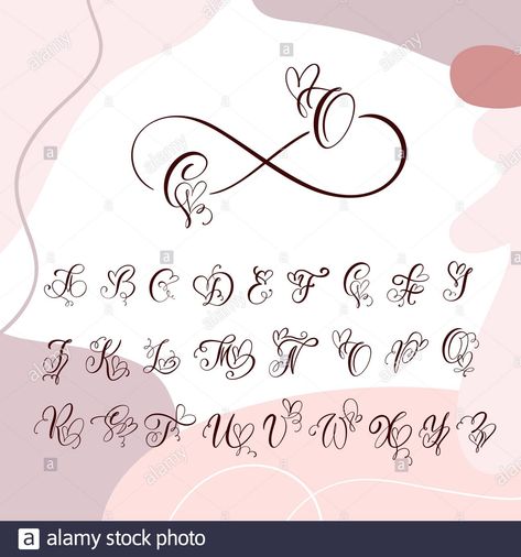 Download this stock vector: Handwritten heart calligraphy monogram alphabet. Valentine Cursive font with flourishes heart font. Cute Isolated letters. For postcard or poster - 2B044NJ from Alamy's library of millions of high resolution stock photos, illustrations and vectors. Lettering With Hearts, Calligraphy Alphabet Heart, Calligraphy Alphabet With Hearts, Heart Fonts Alphabet, Heart Fonts Free, Valentines Day Fonts Alphabet, Letter Tattoo With Heart, Heart With Letter Tattoo, Heart Font Alphabet