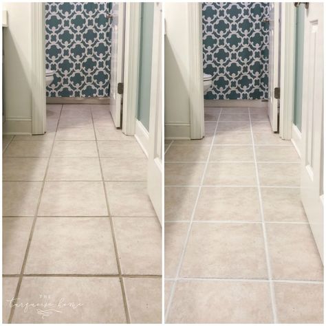 How to Make Your Grout White Again - or any color for that matter! - BEFORE and AFTER! Regrouting Tile, Tile Filler, Tile Grout Color, Grout Renew, Tiles Installation, Beige Floor Tile, Grout Paint, Floor Tile Grout, Grout Stain