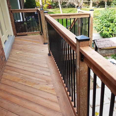 Nuvo Iron 3/4-in x 36-in Black Powder Coated Galvanized Steel Square Deck Baluster in the Deck Balusters department at Lowes.com Black Front Porch, Front Porch Railing Ideas, Square Balusters, Wood Deck Designs, Deck Staining, Rustic Deck, Aluminum Balusters, Backyard Upgrades, Armoire Entree