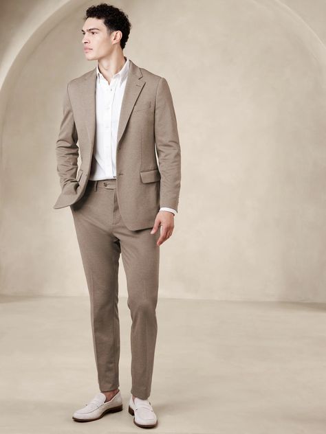 Tailored-Fit Knit Suit Trouser | Banana Republic Factory Beige Jacket Black Pants Men Wedding, Mens Beach Formal Attire, Earth Tone Men Outfit Wedding, Light Colored Suits For Men, Men Formal Wedding Attire, Light Brown Groom Suit, Men’s Casual Suit, Business Man Outfit, Earth Tone Men Outfit