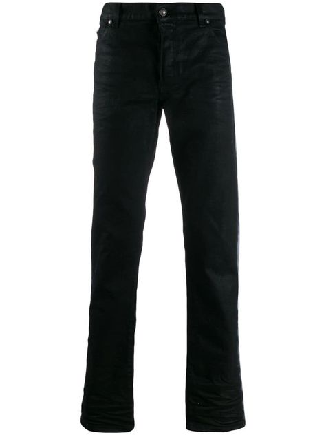 BALMAIN BALMAIN SPRAY BAND JEANS - BLACK. #balmain #cloth Balmain Jeans, Balmain Clothing, Balmain Men, Men Pants, Everyday Wardrobe, Black Stretch, Pocket Design, Slim Fit Jeans, Ripped Jeans