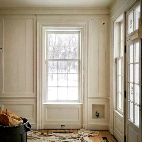 Guest House Inspiration, Entry Millwork, Interior Window Wall, Paneled Basement, Family Compound, House Trim, 1930s House, Interior Windows, Trim Work