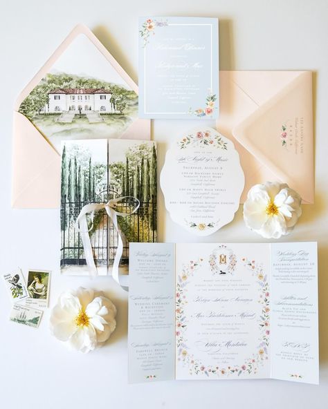 When the bride says she’s getting married at Villa Montalvo and her wedding is inspired by Pride and Prejudice, you say YES. We created a gatefold invitation design that showcases an impressionistic watercolor rendering of the Garden Italianate where the ceremony will be held. For the envelope liner, we featured @montalvospecialevents beautiful venue. The *chef’s kiss* is the custom die cut shape reminiscent of the Regency Era, used to invite recipients to a Night of Music to kick off the wed... Pride And Prejudice Invitations, Pride And Prejudice Wedding, Gatefold Wedding Invitations, Gatefold Invitation, Watercolor Rendering, Wedding Invitation Envelope, Watercolour Wedding, Watercolor Invitation, Emily Rose