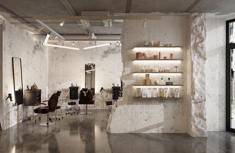 Barber Shop Shelves, Concrete Barbershop, Concrete Salon Design, Barber Shelves, Industrial Salon Design, Salon Interior Design Ideas, Barber Shop Interior, Beauty Salon Interior Design, Decoration Beton