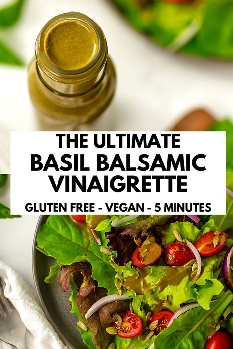 Basil balsamic vinaigrette is healthy, flavorful and easy to make. With just six ingredients and five minutes of prep time, it's great for salads, marinades, sandwiches, and wraps. Plus, it's vegan, gluten free, dairy free, Whole30, paleo, and low-carb, making it a versatile choice for any diet. The fresh, bright taste of basil and balsamic vinegar make it a delicious addition to any dish. Vinegar Dressing Recipe, Balsamic Vinaigrette Dressing Recipe, Thanksgiving Sidedish, Two Peas And Their Pod, Balsamic Vinegar Dressing, White Balsamic Vinaigrette, Vinaigrette Dressing Recipe, Balsamic Vinaigrette Recipe, Homemade Balsamic Vinaigrette