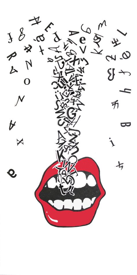 This typography is good, I like how all the letters are spilling out of the mouth. It has a Rolling Stones feel to it, because of the mouth, and in particular, the lips. The letters are a nice shape and this image would be good to represent a music festival if you has song lyrics coming out of the mouth from a specific genre of music. Mother Tongue Day Poster, Language Day Poster, Debate Poster, Organised House, Type Effects, Genre Of Music, Homemade Mouthwash, Pride Logo, Word Drawings