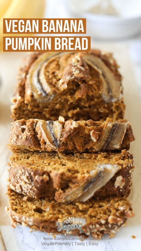 Easy Vegan Banana Pumpkin Bread [ VIDEO] | I Can You Can Vegan Pumpkin Banana Bread No Eggs, Vegan Banana Pumpkin Bread, Vegan Pumpkin Banana Bread, Pumpkin Banana Bread Recipe, Tea Board, Vegan Pumpkin Bread, Apple Bread Recipe, Pumpkin Banana Bread, Loaf Cakes