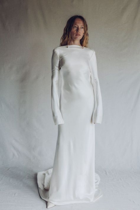 Simple Dresses Formal, Danielle Frankel Bridal, Classy White Dress, Danielle Frankel, Minimal Wedding Dress, Sleeve Gown, White Long Sleeve Dress, Long Sleeve Gown, Satin Gown