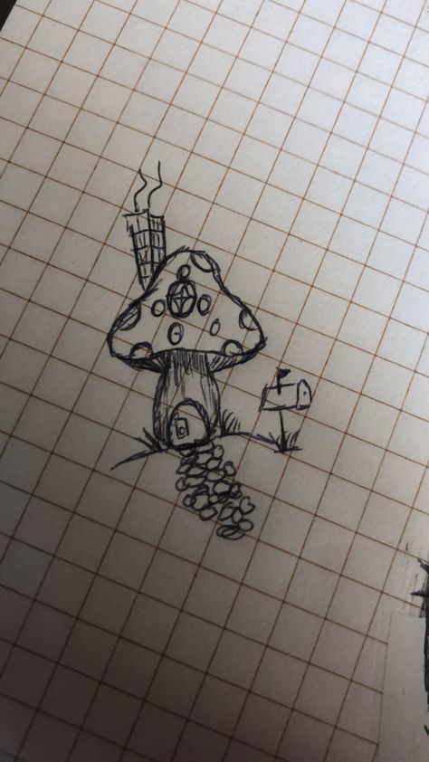 Fairycore Painting Ideas Easy, Mini Fairy Drawing, Cottagecore Aesthetic Sketch, Fairy Theme Drawing, Cottage Core Sketch Ideas, Mushroom Cottage Tattoo, Cottagecore Aesthetic Doodles, Fairy Doodle Aesthetic, Dark Cottagecore Drawing