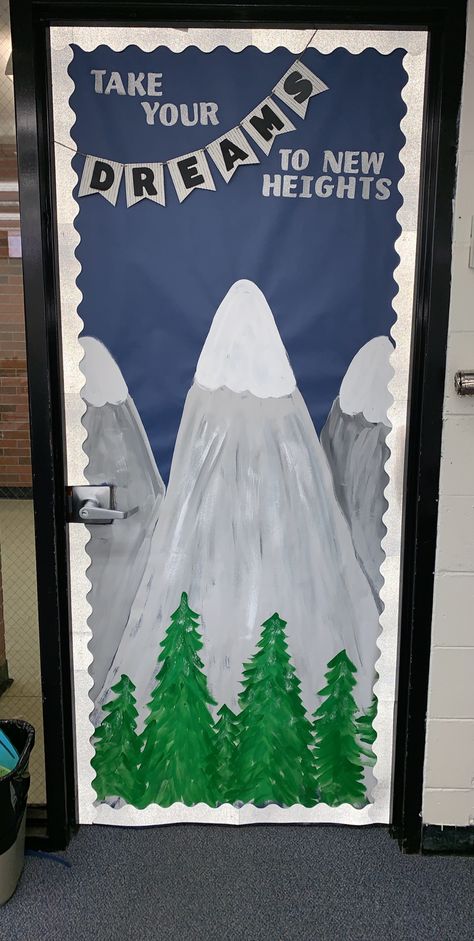 Mountain Climbing Classroom Theme, Switzerland Classroom Decorations, Mountain Display Classroom, Wildlife Bulletin Board Ideas, Nature Classroom Door Ideas, Mountain Door Decorations Classroom, Adventure Awaits Classroom Door, Classroom Mountain Theme, Outdoorsy Classroom Theme