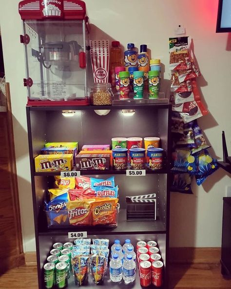 Movie Room Snack Bar, Movie Room Snack Bar Ideas, Movie Snack Bar, Room Snack Bar, Movie Theater Snack Bar, Cinema Room Ideas, Movie Room Diy, Cinema Living Room, Cinema Room Decor