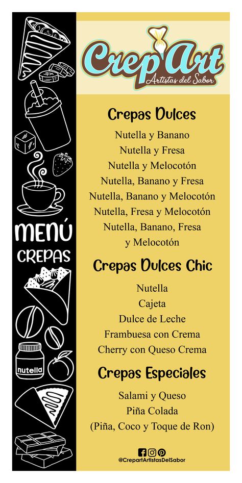 ¡Te presentamos nuestro NUEVO MENÚ DE CREPAS! - Crep'art Crepe Menu Ideas, Creperia Ideas, Waffle Shop, Business Marketing Design, Small Restaurant Design, Sweet Crepes, Small Coffee Shop, Bubble Waffle, Cereal Bar