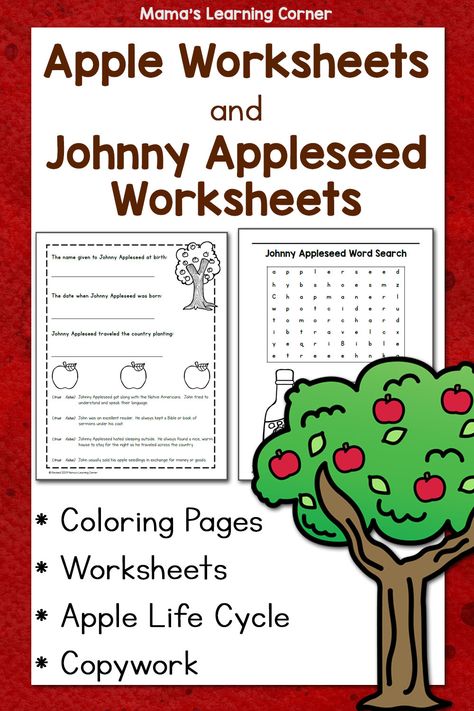 Browse through a selection of apple worksheets and Johnny Appleseed worksheets for your young learners! Coloring pages, copywork, unit studies, and more! Free Johnny Appleseed Printables, Jonny Appleseed, Johnny Appleseed Activities, Worksheets For 2nd Grade, Apple Week, Apple Kindergarten, Letter B Worksheets, Apple Life Cycle, Learning Corner