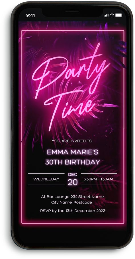 An animated neon pink Party Time Invitation. 

This fun DIY animated video invitation is very simple to use. Easily edit your invitation template in Canva using your electronic device. 

Once edited and downloaded, you can send it electronically and share it with your family and friends through Email, Messenger, iMessage, WhatsApp, Text message, or your preferred social media platform. 

Available now with 50% off while I create and add more listings to my store. https://partevites.etsy.com Neon Invitation Template, Neon Party Invite, Canva Party Invites, Neon Party Invitations Template, Digital Party Invitations, Neon Invitations, Neon Pink Party, Neon Party Invitations, Digital Invitations Birthday