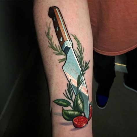 Chef Tattoo Ideas, Tx Tattoo, Grave Tattoo, Cooking Tattoo, Culinary Tattoos, Chef Tattoo, Food Tattoos, Knife Tattoo, Original Tattoos