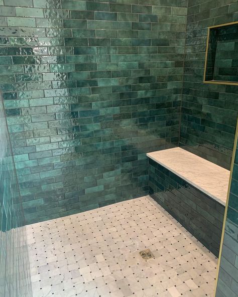 Juniper Tile Bathroom, Colored Shower Tile, Emerald Green Tile Shower Ideas, Teal And Gold Bathroom Ideas, Moody Tile Bathroom, Blue Green Shower Tile, Emerald Green Tile Bathroom, Bathtub Accent Wall, Blue Green Bathroom Tile