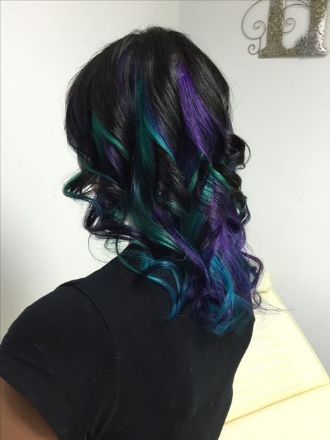 Blue And Purple Half And Half Hair, Black Green Purple Hair, Purple And Teal Hair Peekaboo, Black Blue And Purple Hair, Dark Green And Purple Hair, Blue Teal Hair, Purple And Teal Hair, Blue Hair Underneath, Teal And Purple Hair