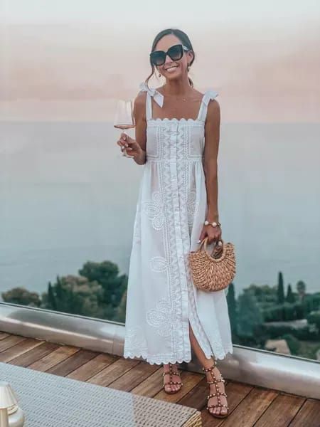 Long White Dress Casual Summer Outfits, Antigua Honeymoon Outfits, All White Wedding Outfit For Guest, White Maxi Dress Outfit Summer, Spring White Outfits, Tropical White Dress, White Beach Maxi Dress, White Summer Party Outfit, Hawaiian Honeymoon Outfits