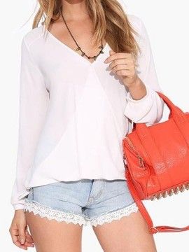 White V Neck Long Sleeve Chiffon Blouse Light Pink Blouse Outfit, Pink Blouse Outfit, Casual Chiffon Blouse, Women Chiffon Blouse, Chiffon Shirt Blouse, Overlay Blouse, Chiffon Tops Blouses, Layered Blouse, Design Clothing