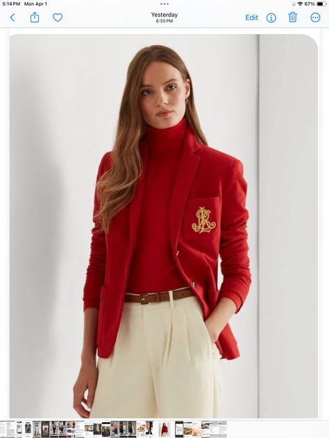 Red Blazers, Red Blazer Outfit, Old Money Preppy, Ralph Lauren Looks, Normal Style, Jacquard Blazer, Ralph Lauren Womens Clothing, Ralph Lauren Blazer, Ralph Lauren Style