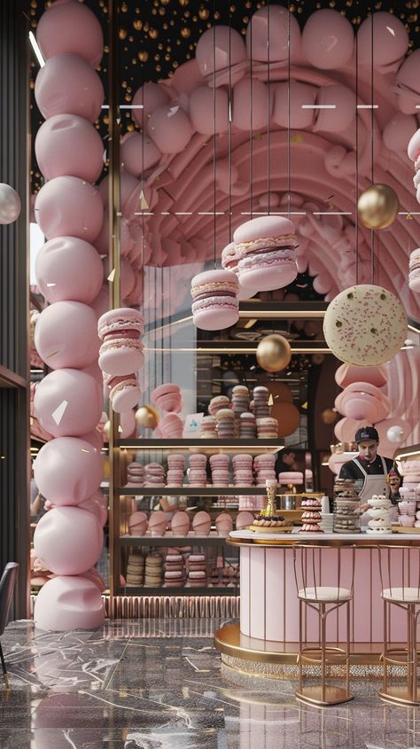 Confectionery Shop Design, Chocolate Store Design, Cake Shop Interior, Candy Store Design, Pink And Gold Decorations, A Person Standing, Pink Macaroons, Candy Room, Pink Ceiling